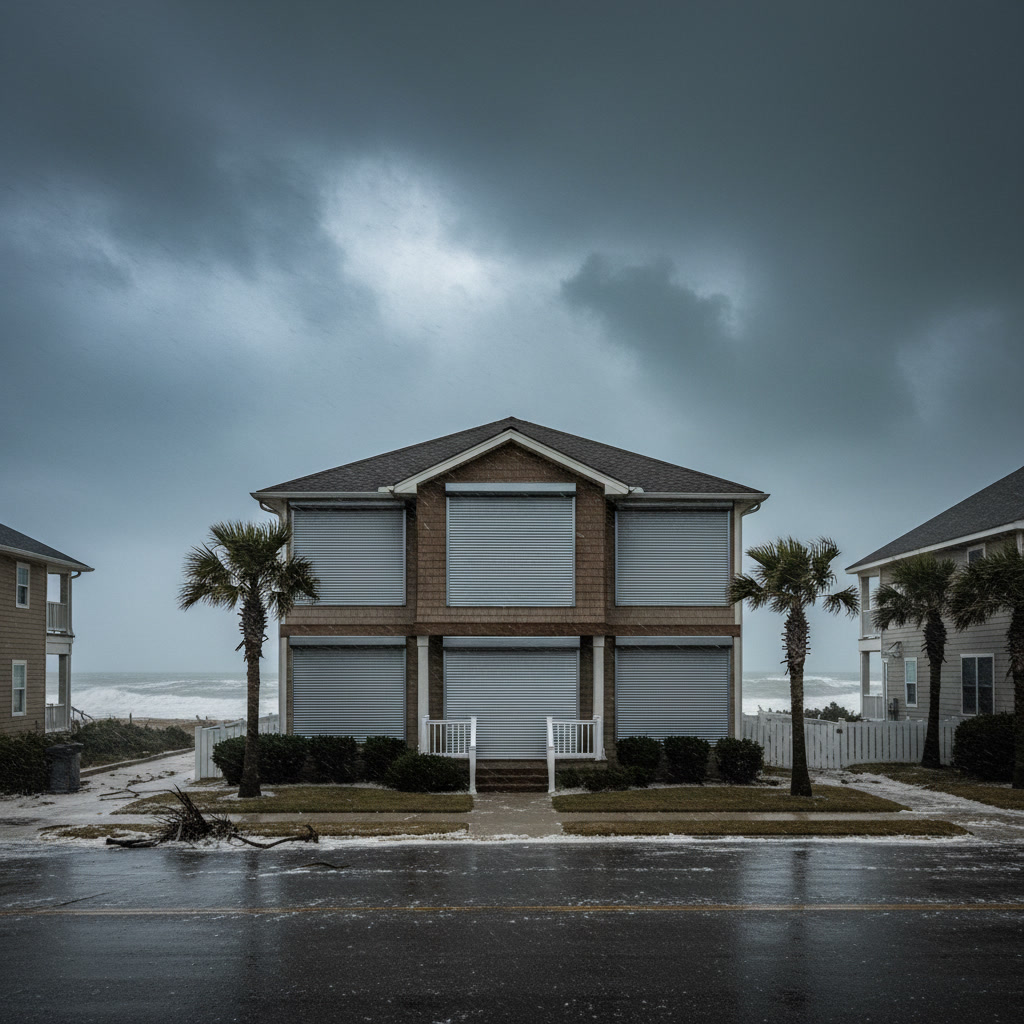 Hurricane shutters installed over coastal home windows providing storm protection