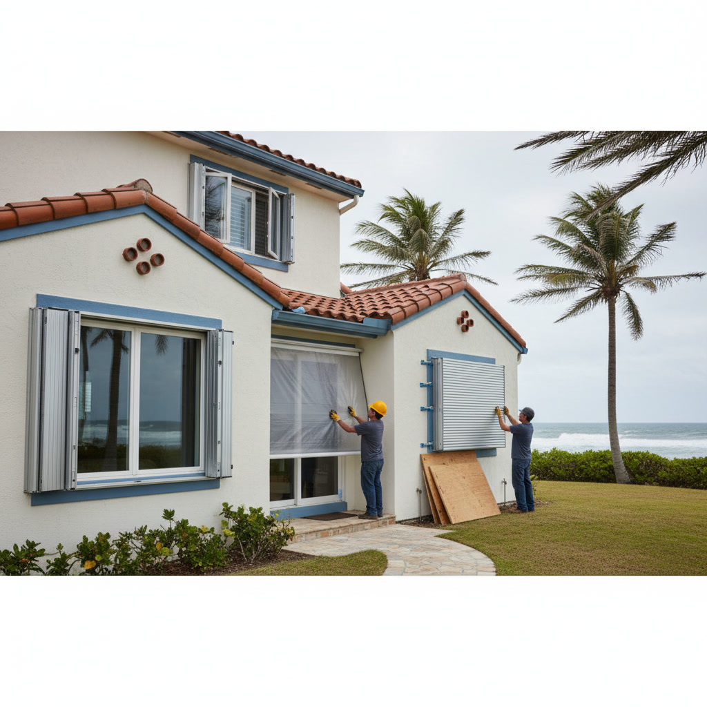 different types of hurricane shutters installed on coastal home windows