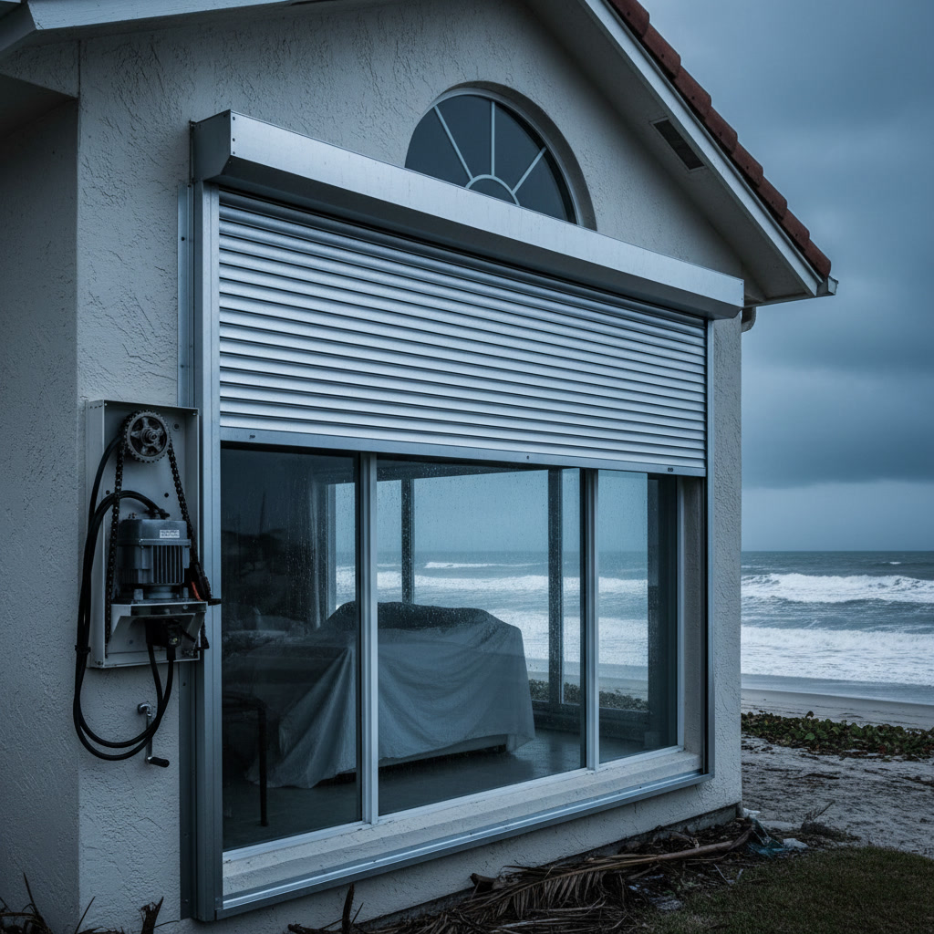 Roll-down hurricane shutter mechanism showing aluminum slats and side track system