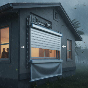 Hurricane shutters protecting coastal home windows during storm preparation