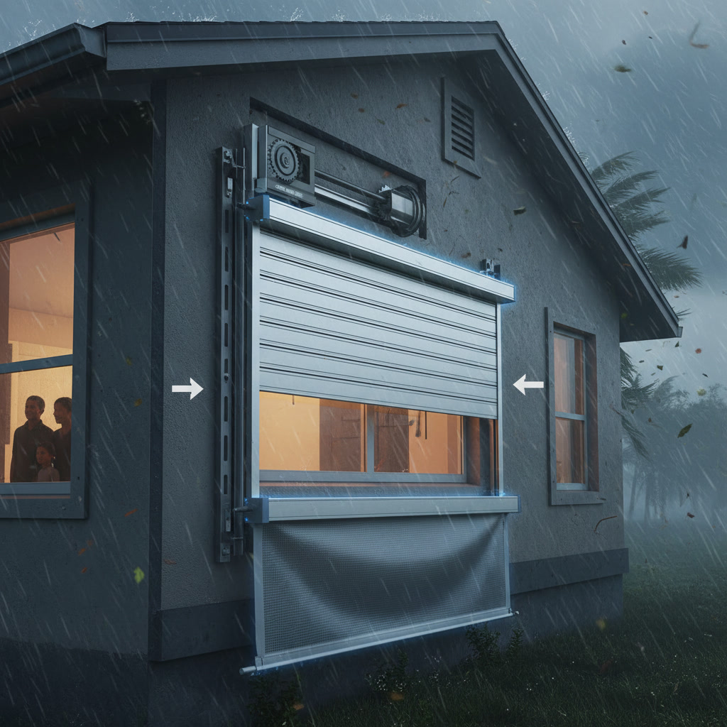 Hurricane shutters protecting coastal home windows during storm preparation