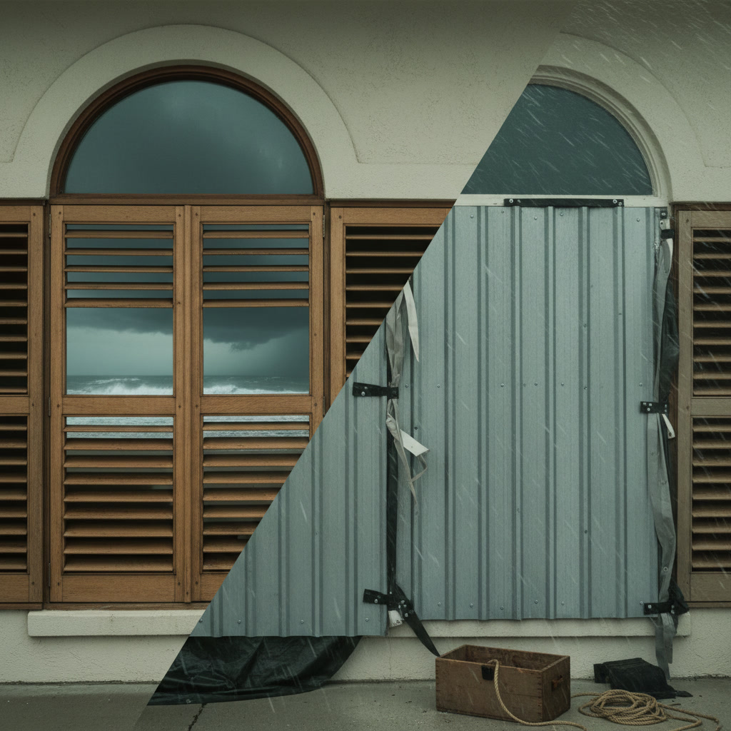 home protected with permanent hurricane shutters on coastal property