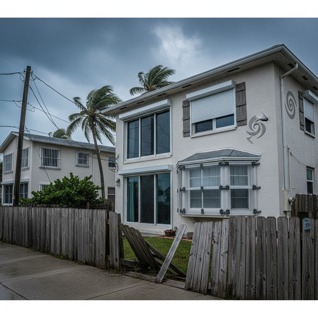 Hurricane shutter installation showing proper code-compliant mounting on coastal home exterior
