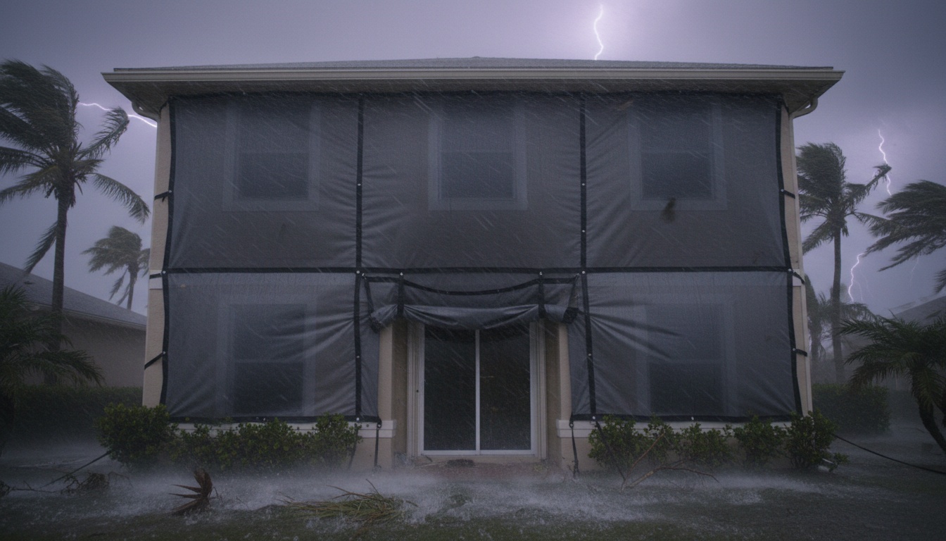 Fabric hurricane screen material stretched across window opening
