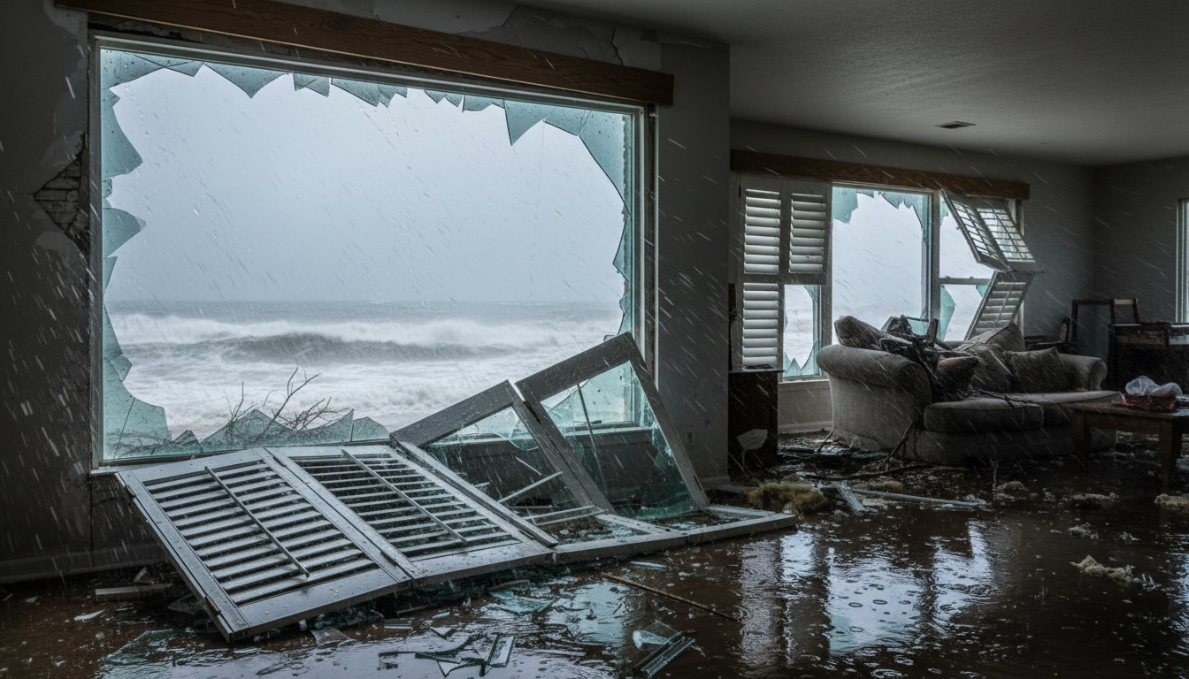 Broken hurricane shutter torn from window during storm damage