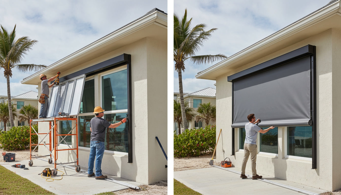 Hard aluminum hurricane shutters deployed over coastal home windows