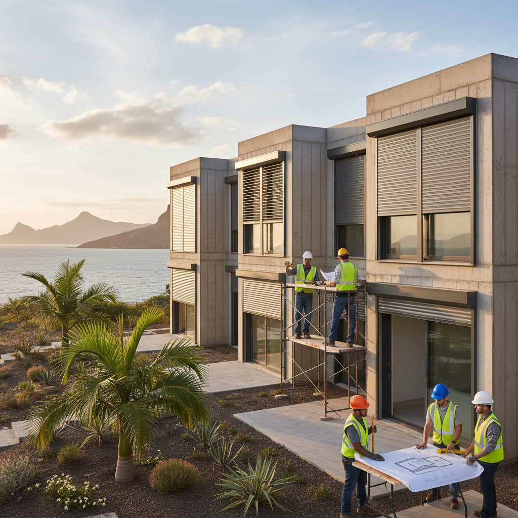 Code-compliant hurricane shutters installed on beach house showing proper mounting and wind rating labels