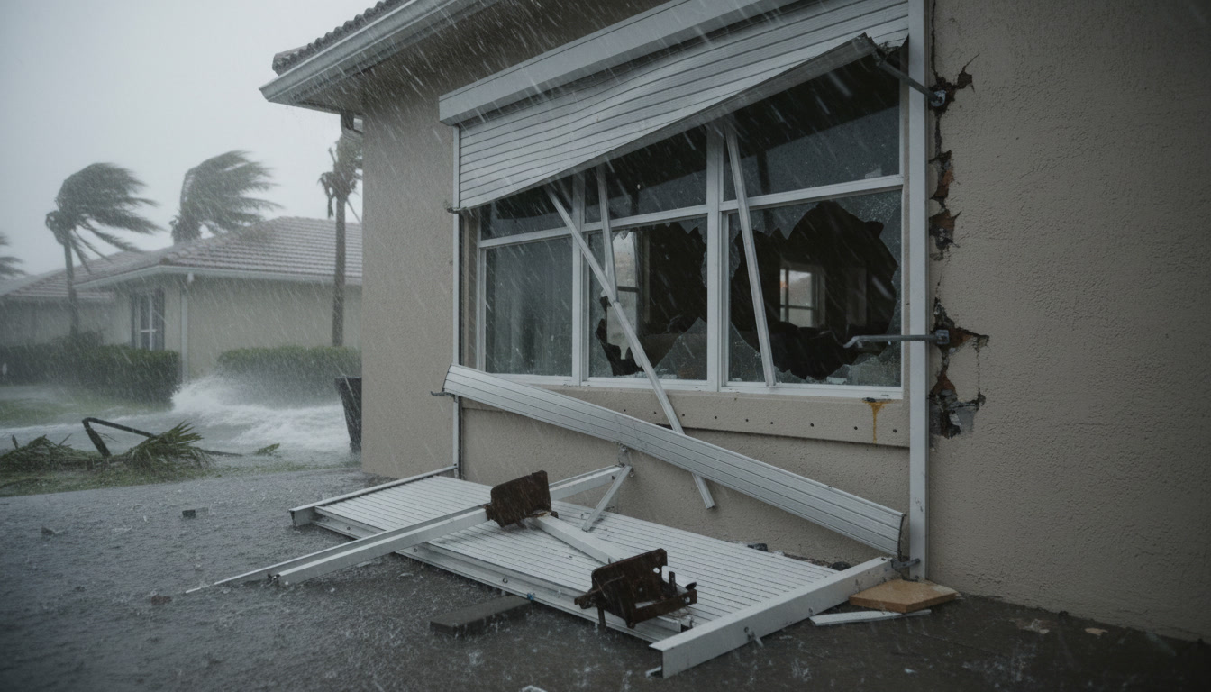 Professional technician inspecting properly installed hurricane shutters