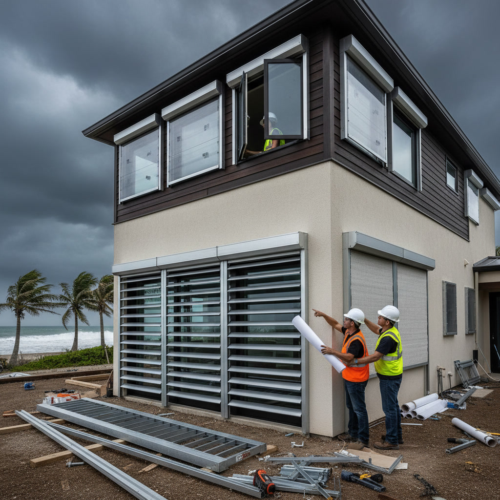 Professional installing code-compliant hurricane shutters on coastal North Carolina home exterior
