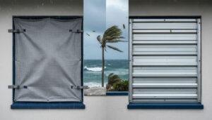 Comparison of fabric hurricane screens and hard aluminum shutters on coastal home