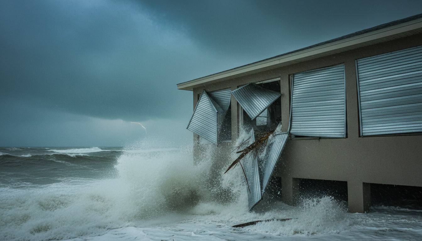 Damaged home with failed hurricane protection after severe storm